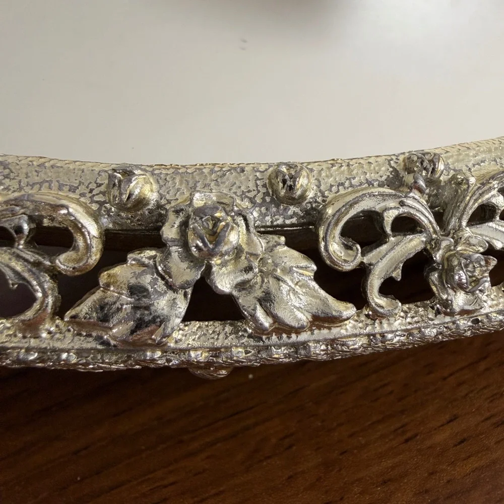 Vintage Ornate Oval Vanity Mirror Cast Metal Floral Filigree Hollywood Regency